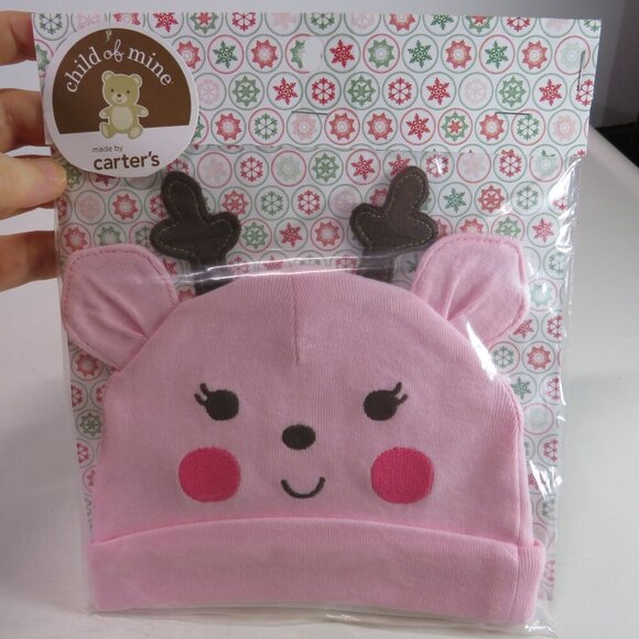 Baby Pink Reindeer knit Hat Cap w Embroidered face Infant Cotton Holiday - Picture 1 of 4